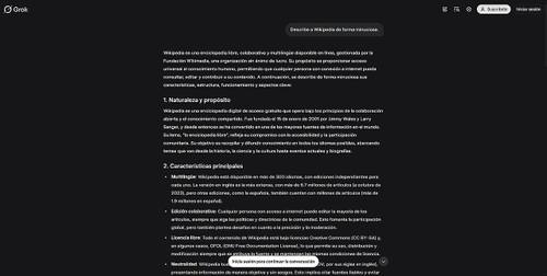 Captura de pantalla de la interfaz web de Grok (grok.com), con el logotipo de Grok en la esquina superior izquierda, un cuadro de pregunta sobre Wikipedia y una respuesta larga con títulos y viñetas, y los botones "Suscríbete" e "Iniciar sesión" arriba a la derecha