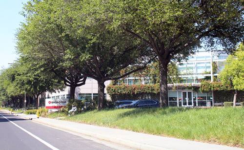 Letrero corporativo de Broadcom junto a la entrada principal de un edificio de oficinas de su sede en San José, California, rodeado de árboles y jardines, con coches aparcados frente a la puerta.